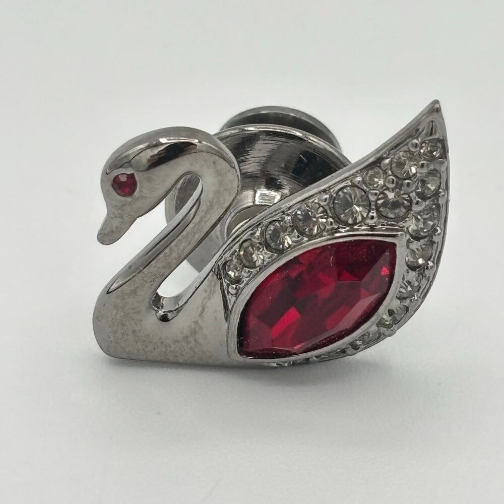 Swarovski Red Marquise & Clear Pavé Stones Silver Tone Swan Lapel Pin Tie Tack